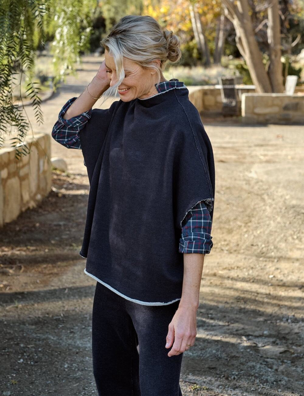 Frank & Eileen S Audrey Funnel Neck Capelet Sweatshirt Short Sleeves Layering